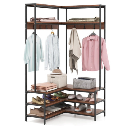 Eckgarderobe mit Bank L-förmiger Kleiderständer mit offenen Regalen 90 x 90 x 178 cm Nussbaum