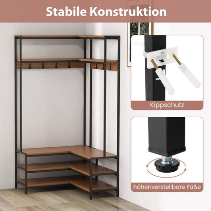 Eckgarderobe mit Bank L-förmiger Kleiderständer mit offenen Regalen 90 x 90 x 178 cm Nussbaum