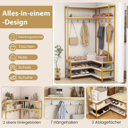 Eckgarderobe mit Bank L-förmiger Kleiderständer mit offenen Regalen 90 x 90 x 178 cm weiß
