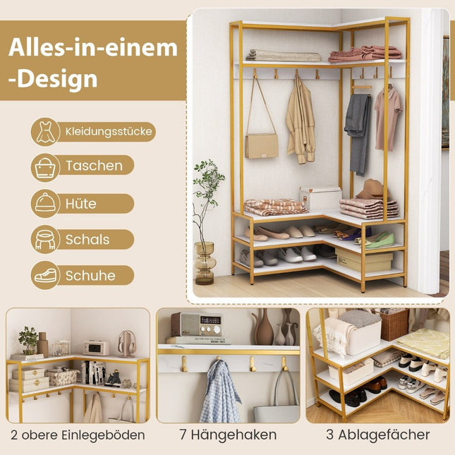 Corner coat rack with bench L-shaped clothes rack with open shelves 90 x 90 x 178 cm white