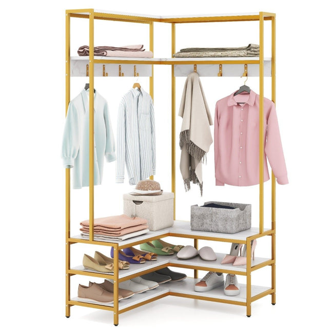 Corner coat rack with bench L-shaped clothes rack with open shelves 90 x 90 x 178 cm white