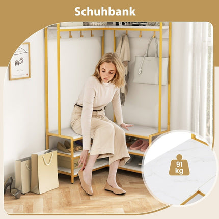 Eckgarderobe mit Bank L-förmiger Kleiderständer mit offenen Regalen 90 x 90 x 178 cm weiß