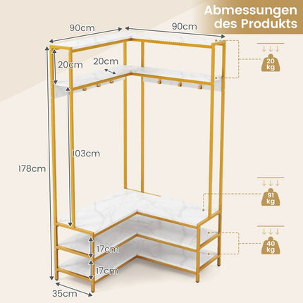Eckgarderobe mit Bank L-förmiger Kleiderständer mit offenen Regalen 90 x 90 x 178 cm weiß