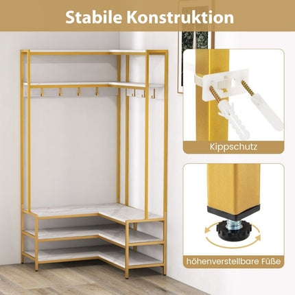Eckgarderobe mit Bank L-förmiger Kleiderständer mit offenen Regalen 90 x 90 x 178 cm weiß