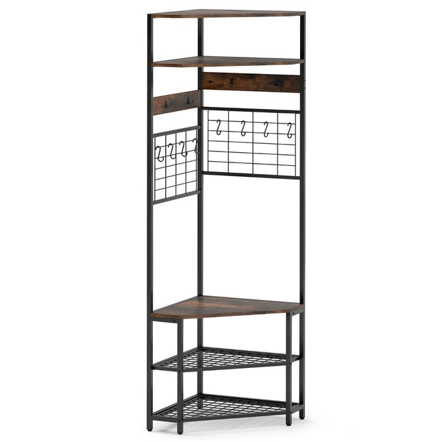 Corner coat rack with shoe bench &amp; 12 Metal Hooks Freestanding Clothes Rack Brown