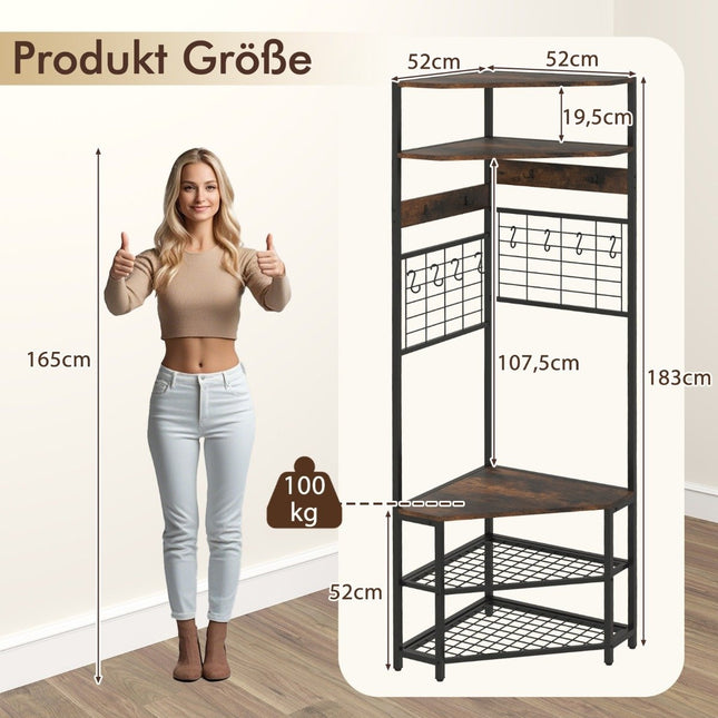Corner coat rack with shoe bench &amp; 12 Metal Hooks Freestanding Clothes Rack Brown