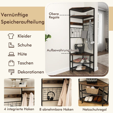 Eckgarderobe mit Schuhbank &amp; 12 Metallhaken Freistehender Kleiderständer Braun