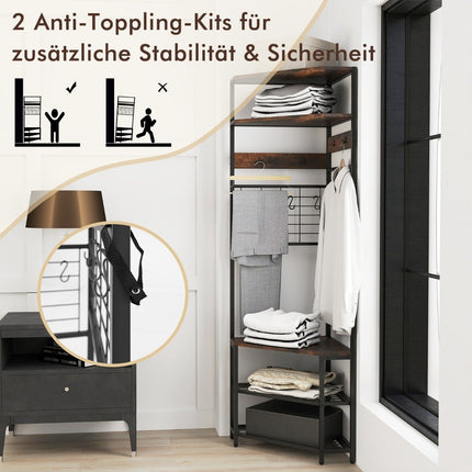 Eckgarderobe mit Schuhbank &amp; 12 Metallhaken Freistehender Kleiderständer Braun