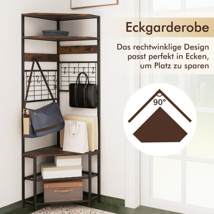 Eckgarderobe mit Schuhbank &amp; 12 Metallhaken Freistehender Kleiderständer Braun