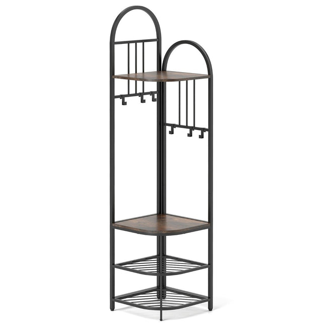 Corner coat rack with shoe storage bench &amp; 6 Removable Hooks 4 Tier Clothes Rack Brown