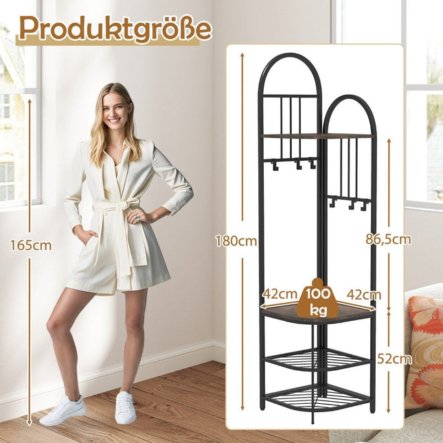 Corner coat rack with shoe storage bench &amp; 6 Removable Hooks 4 Tier Clothes Rack Brown
