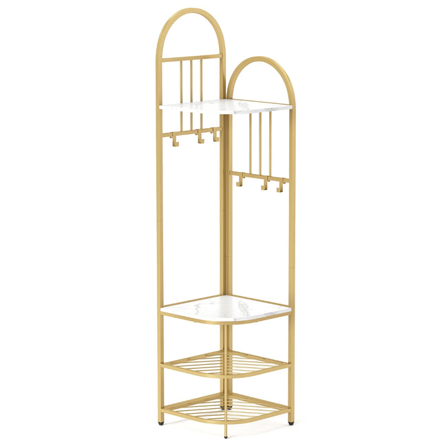 Corner coat rack with shoe storage bench &amp; 6 Removable Hooks 4 Tier Clothes Rack White