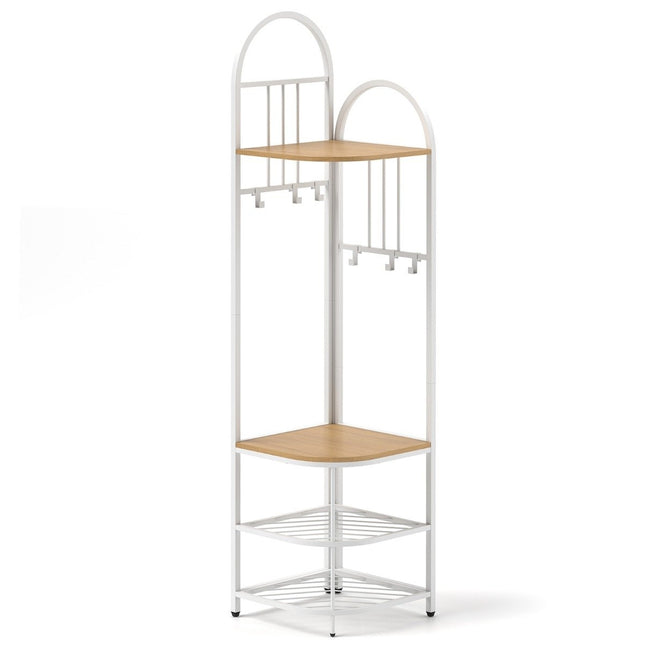Corner coat rack with shoe storage bench &amp; 6 removable hooks 4 tier clothes rack natural