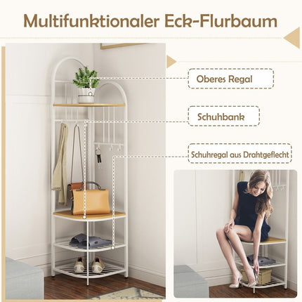 Eckgarderobe mit Schuhbank &amp; 6 abnehmbaren Haken 4-stöckiger Kleiderständer natur