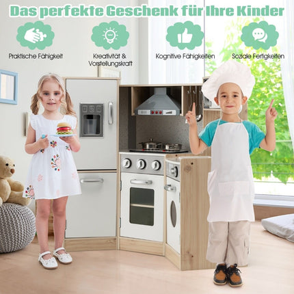 Eckküche Eck-Spielküche mit Sound und Licht Kinderküche aus Holz inkl. Spielzubehör Weiß + Natur
