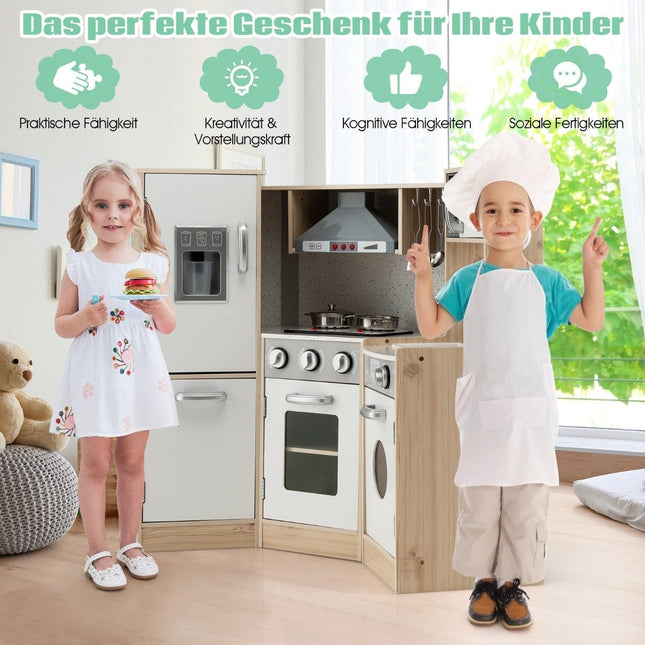 Eckküche Eck-Spielküche mit Sound und Licht Kinderküche aus Holz inkl. Spielzubehör Weiß + Natur
