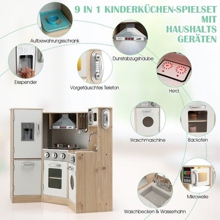 Eckküche Eck-Spielküche mit Sound und Licht Kinderküche aus Holz inkl. Spielzubehör Weiß + Natur