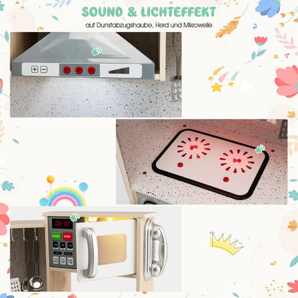 Eckküche Eck-Spielküche mit Sound und Licht Kinderküche aus Holz inkl. Spielzubehör Weiß + Natur