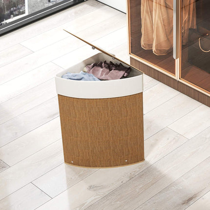 Corner laundry basket, bamboo weave, 55 liters, fabric bag, metal frame, brown