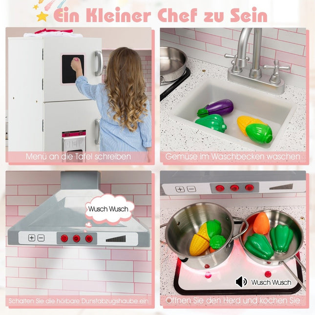 Eck-Spielküche mit Sound und Licht Kinderküche aus Holz inkl. Schürze und Spielzubehör 85 x 84 x 85 cm Weiß + Rosa