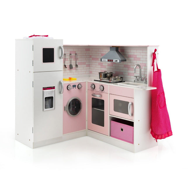 Eck-Spielküche mit Sound und Licht Kinderküche aus Holz inkl. Schürze und Spielzubehör 85 x 84 x 85 cm Weiß + Rosa