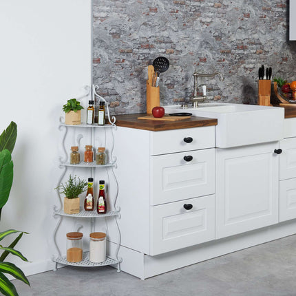 Corner shelf in white metal with 4 shelves