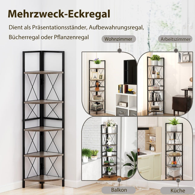 Eckregal mit 5 Ebenen 160 cm hoch Bücherregal Holz Standregal mit Metallgestell Eiche Grau