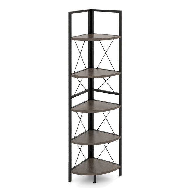Eckregal mit 5 Ebenen 160 cm hoch Bücherregal Holz Standregal mit Metallgestell Eiche Grau