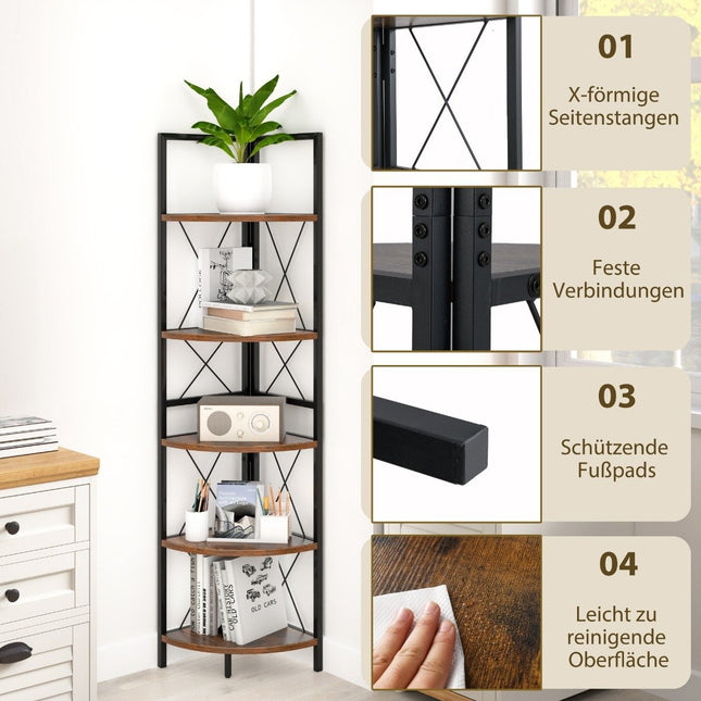 Corner shelf with 5 levels 160 cm high bookshelf wooden standing shelf with metal frame vintage