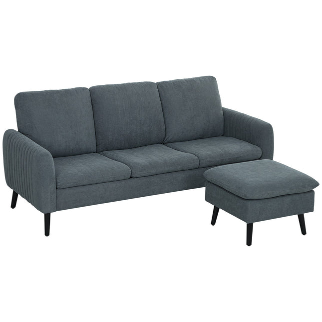 Graues L-förmiges Ecksofa mit Hocker & Kissen