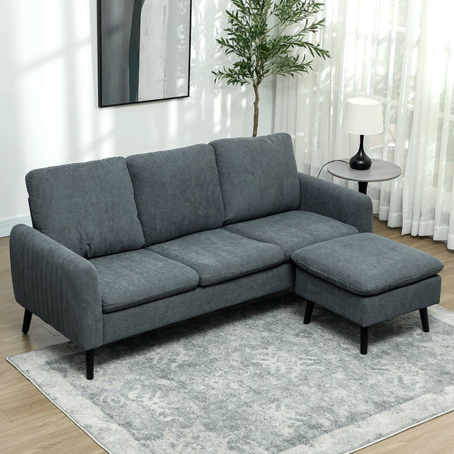 Graues L-förmiges Ecksofa mit Hocker & Kissen