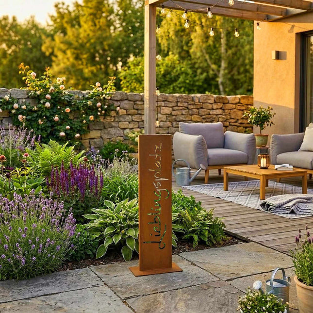 Gartenschild aus Cortenstahl – Rustikale Patina, Bodenplatte