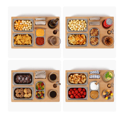 Couch-Snackbar – Bambustablett mit 3 Edelstahlschalen