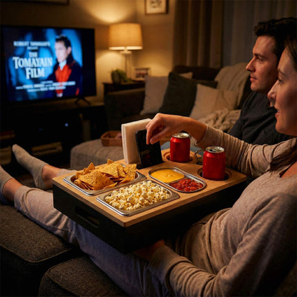 Couch-Snackbar – Bambustablett mit 3 Edelstahlschalen