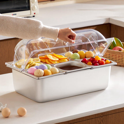 Countertop Condiment Server, 6-Pan Stainless, Clear Lid