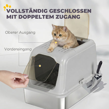 Katzentoilette mit Haube, Edelstahlschale, Vordereinstieg, Oberer Ausgang