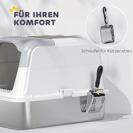 Überdachte Katzentoilette mit Edelstahlschale & Schaufel