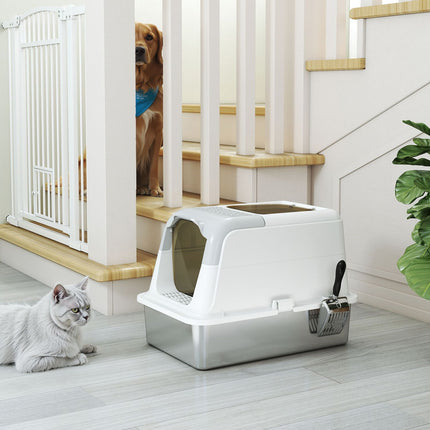 Überdachte Katzentoilette mit Edelstahlschale & Schaufel