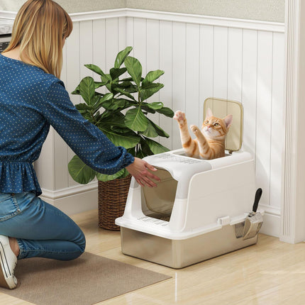 Überdachte Katzentoilette mit Edelstahlschale & Schaufel