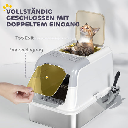 Überdachte Katzentoilette mit Edelstahlschale & Schaufel