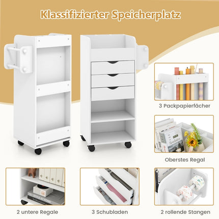 Craft Storage Cart with 3 Drawers & 3 Shelves, White