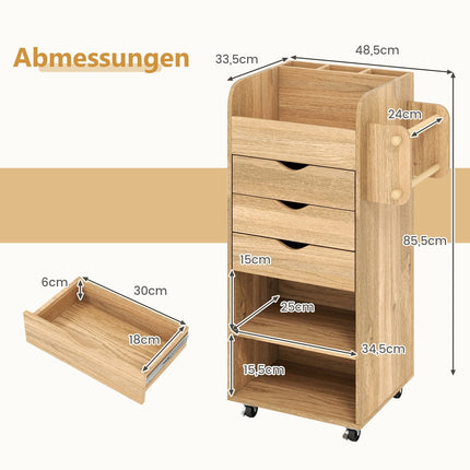 Bastelwagen mit 3 Schubladen und 2 Stangen