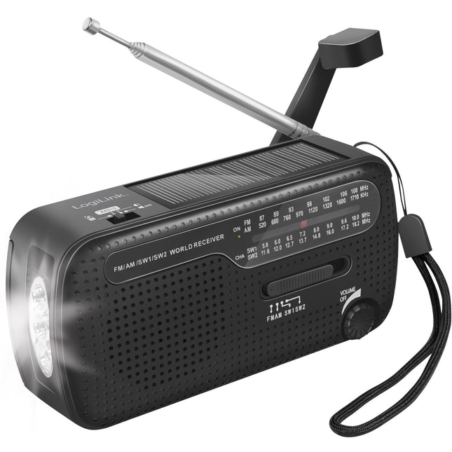 Kurbelradio mit Taschenlampe und Solarzelle Schwarz