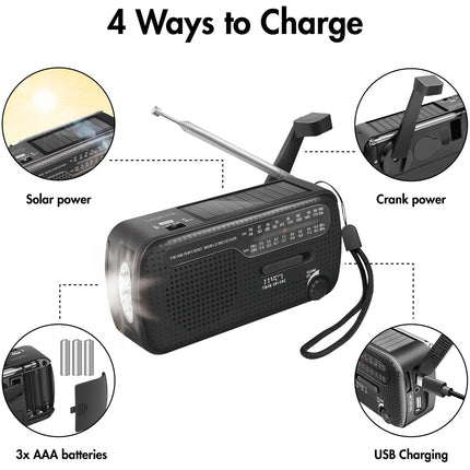 Crank radio with flashlight and solar cell Black