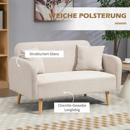 Cream 2-Seater Sofa with Cushions, Modern Design, Wood Legs