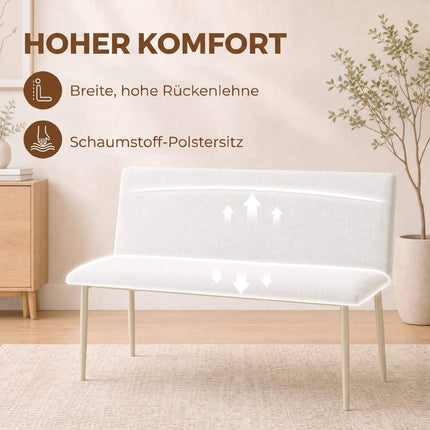 Cream Linen-Look Dining Bench, Armless, 120cm, Metal Legs