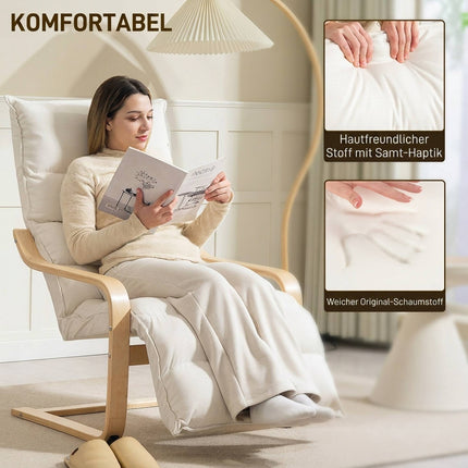 Cream Lounge Chair with Adjustable Footrest, Birch Frame