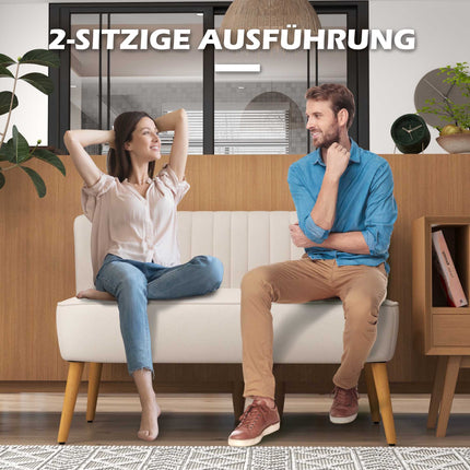 Cremeweißes 2-Sitzer-Sofa, strapazierfähiger Stoff, Holzbeine