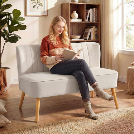 Cremeweißes 2-Sitzer-Sofa, strapazierfähiger Stoff, Holzbeine