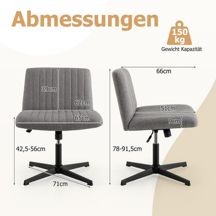 Chaise à pieds croisés sans accoudoirs, chaise pivotante à assise large, chaise de bureau grise
